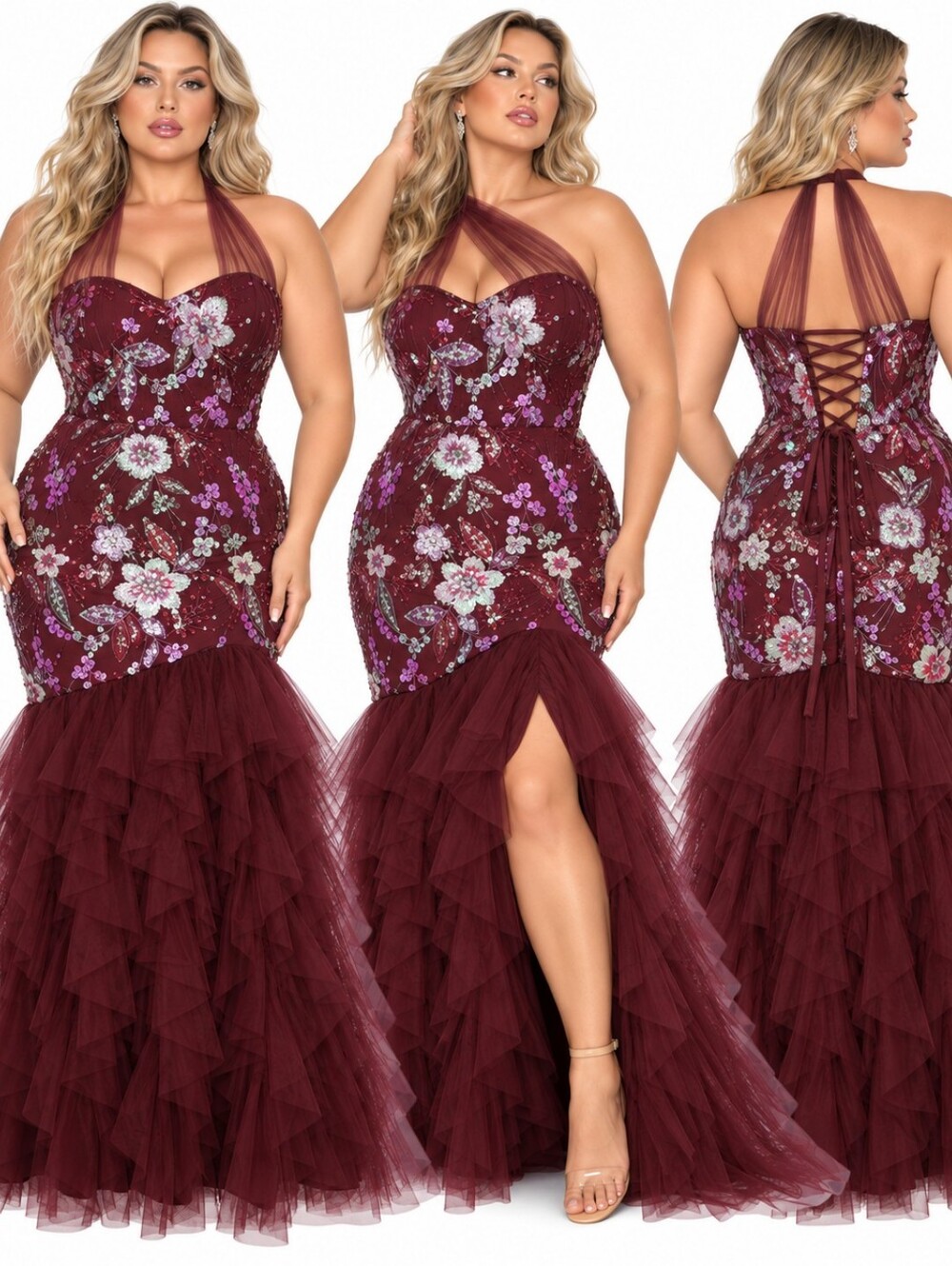 Faeriesty Plus Size 5XL Burgundy Floral Sequin Mermaid Gown Tulle Embroider Mesh